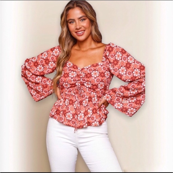 Peach Love California Floral Peplum Top Ruched Bell Sleeve Blouse - Picture 4 of 6